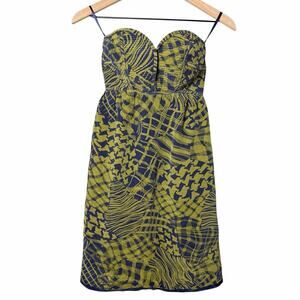 Maple Green And Navy Silk Strapless Smocked Sweetheart Mini Dress Women’s Size 2